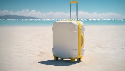 A white suitcase resting on a sandy beach by the sea