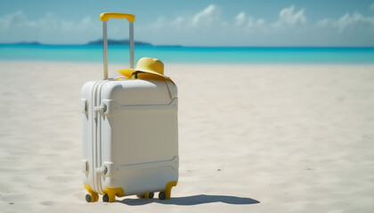 A white suitcase resting on the sand, waiting for its next journey