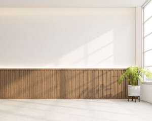 Japanese style empty room decorated with white wall and white concrete floor. 3d rendering
