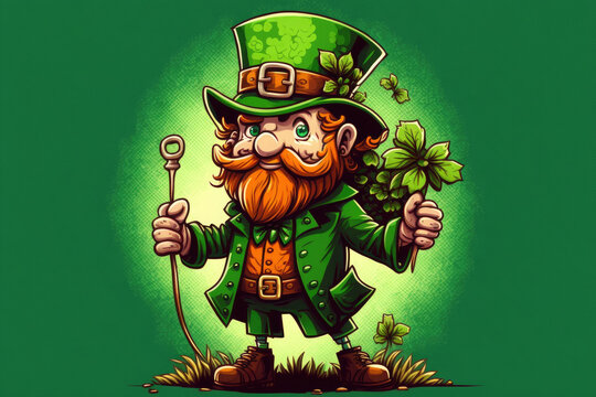 Cartoon leprechauns, leprechaun with green hats and pots of gold, St. Patricks Day, lucky, Irish, green, gold, coins