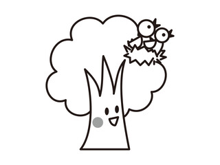 鳥の巣を見つめてほほ笑む木のキャラクター　白黒の線画