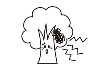 害虫によって病気になる木のキャラクター　白黒の線画