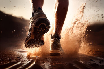 Closeup runner's legs and shoes running along dust road, trail runing,. Generative AI