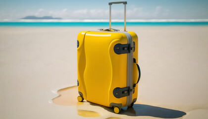 A yellow suitcase resting on the shoreline