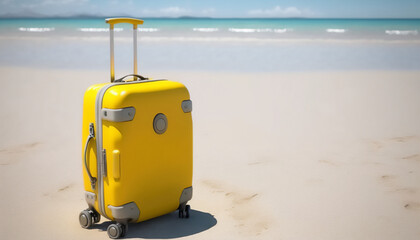 A yellow suitcase waiting for its owner to return from a swim