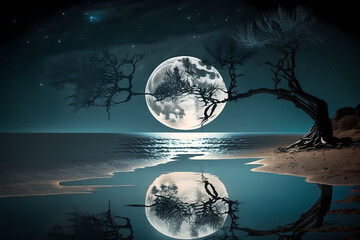 The Phenomenon of Two Full Moons Above Sea Water created with Ai