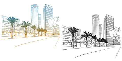 Urban landscape. Nice view on the modern Tel Aviv. Israel. Colourful and black and white sketch. Hand drawing vector illustration on white.