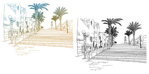 Old Jaffa. Tel Aviv. Israel. Colourful and black and white sketch. Hand drawn vector illustration on white. Line art.