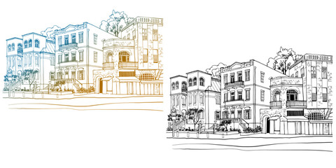 Nice street in Tel Aviv. Colourful and black and white vector illustration. Hand drawn urban sketch. Line art.