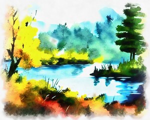 Fototapeta na wymiar Illustration of beautiful landscape in watercolor painting style on paper canvas. Generative AI