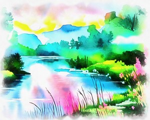 Illustration of beautiful landscape in watercolor painting style on paper canvas. Generative AI