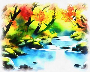 Obraz na płótnie Canvas Illustration of beautiful landscape in watercolor painting style on paper canvas. Generative AI