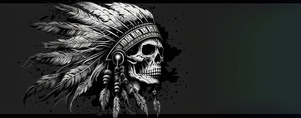 Native American Warrior Skull with Feather Headdress: Tribal Strength & Vintage Art