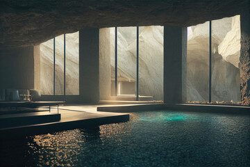 Relaxing Earth Spa Natural Swimming Pool with Modern Rock Cave Windows Made with Generative AI