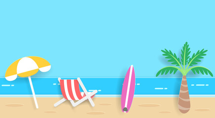 Sea view in summer, umbrellas, chairs, surfboards and coconut trees on the beach, cute cartoon paper cut art.