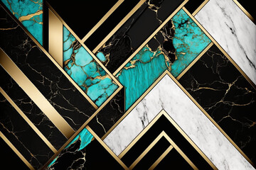 Modern abstract marbled background, marble mosaic, turquoise, agate stone texture, granite, jasper. Ornamental black white gold marble tiles. Art deco wallpaper. Geometric fashion marble illustration