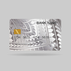 Credit card. With silver elements design. And inspiration from abstract. On white background. Glossy plastic style.