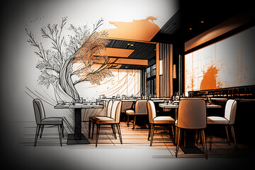 Abstract sketch desingn of interior of restaurant, generative ai