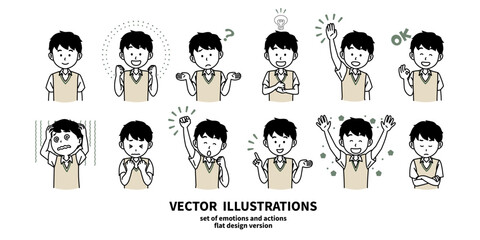表情とジェスチャーのイラストセット　男子高校生