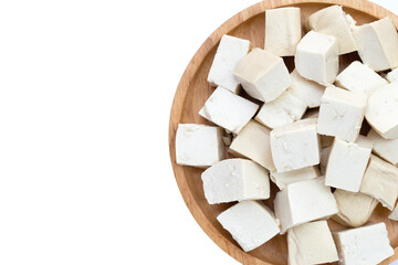 White tofu in wooden plate on white background