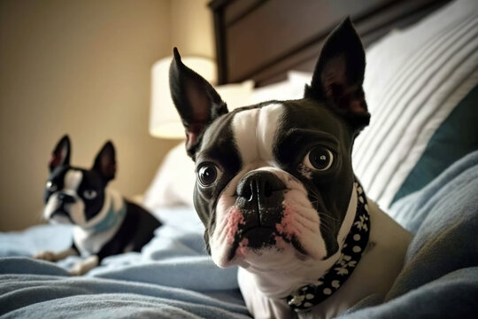 Boston terrier pet dog in the bed looking with big expressive eyes waiting for the owner.  Image created with generative ai