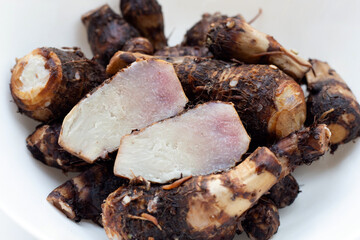 Boiled taro on white background.