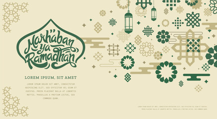 Marhaban Ya Ramadhan Greeting with hand lettering calligraphy and illustration. translation: "Welcome Ramazan, Muslim holy month". Islamic greeting background can use for Eid Mubarak