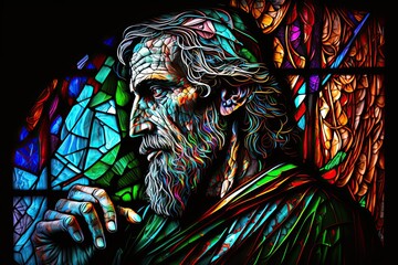 Stained Glass Window Artwork Of Old Man - AI-Generated 