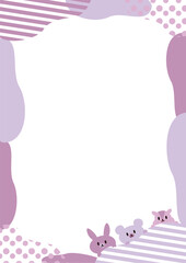 ボーダーとドットのブロブフレーム・背景_縦_動物（うさぎ、くま、りす）_パープル