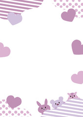 ボーダーとドットとハートのフレーム・背景_縦_動物（うさぎ、くま、りす）_パープル