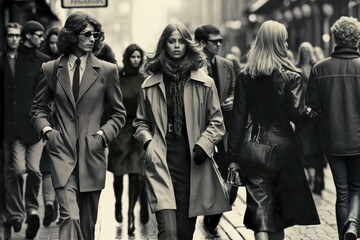 Vintage picture of a young stylish couple walking in a city street in 1970. Generative AI - obrazy, fototapety, plakaty