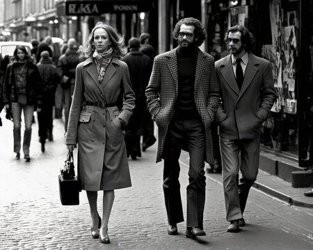 Vintage picture of People walking in a city street in 1970. Generative AI
