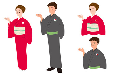 Naklejka premium インバウンドの歓迎をする着物姿の男女セット