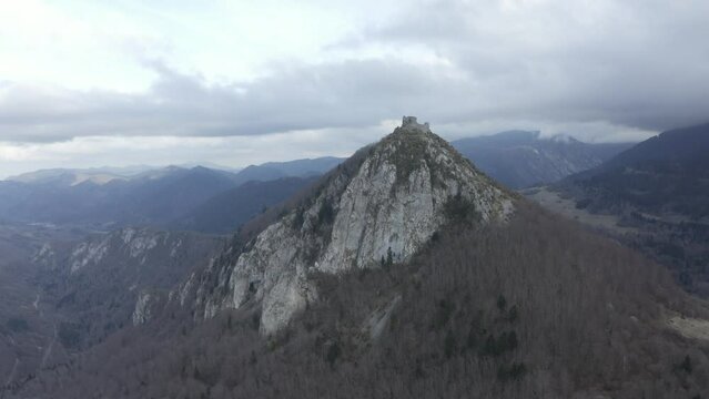 Aerial View of Ch&acirc;teau de Monts&eacute;gur, Ariege, France. Drone move from right to left
