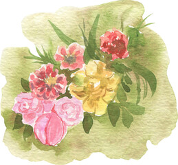 Watercolor bouquet of flowers on watercolor green background