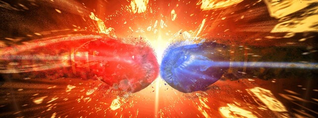 ボクシングの概念でぶつかり合う拳と拳に火炎の爆発の効果を合成した3dイラスト - obrazy, fototapety, plakaty