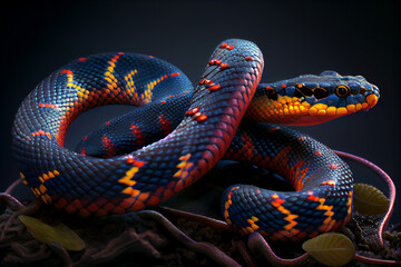 A stunning blue Malaysian coral snake with its distinctive red and yellow bands.