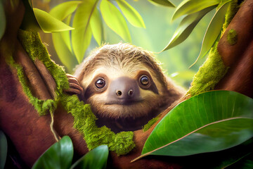 A curious sloth peering down from its perch high in the jungle canopy. - obrazy, fototapety, plakaty