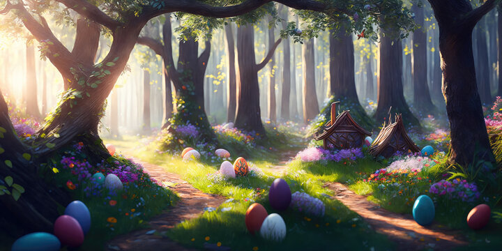 Easter forest background with flowers, Easter eggs, and butterflies. Generative AI art.