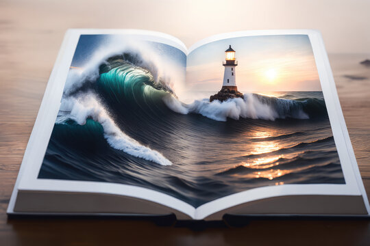 Ocean waves and lighthouse inside a book, generative AI art.