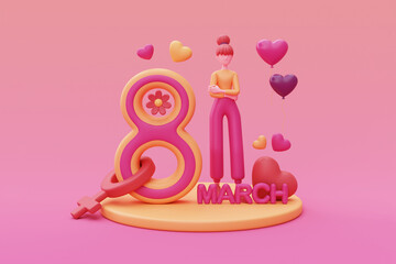 International Women's Day. 8 march. Cute woman with Number 8, female sign, hearts and flowers. femininity, diversity. Mother's Day. 3d rendering.