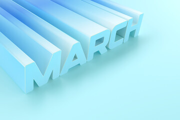 3d glossy blue march Realistic typeface. Decorative letters for March, Womens day, Mothers day, wedding banner, cover, birthday or anniversary, holiday party.