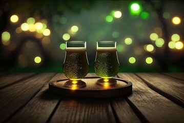 Close-ups of bright scenes on wooden platforms on a green background with beer for fun parties for festivals, celebrations, parties, dinners. Couples Banner. AI-generated images