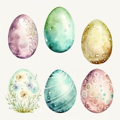 Watercolor Illustration of a Collection of Colorful Painted, Dyed, Decorated Eggs Suitable for Easter,  Isolated on White, Made in Part with Generative AI
