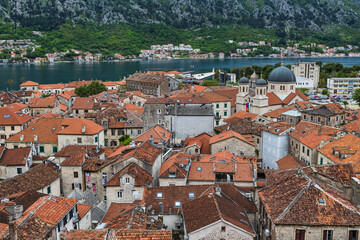 Obraz premium Rooftop view of Kotor historical center and beautiful bay surrounded by rocky mountains in Montnegro