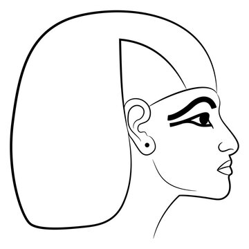 recommend clip art: Head of ancient Egyptian woman wearing wig in profile. Black and white linear silhouette.