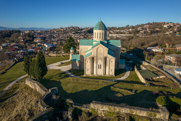 Aerial view of Cathedral of Dormition, temple of Georgian Orthodox Church in Kutaisi, Georgia