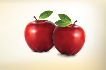 Realistic two red apples 3d illustration isolated on light yellow background