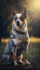 Naklejka na ściany i meble Cute Stylish and Cool Animal Australian Cattle Dog Dog Knight of the Middle Ages: Armor, Castle, Sword, and Chivalry in a Colorful and Adorable Illustration (generative AI)