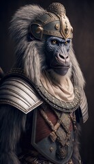 Cute Stylish and Cool Animal Baboon Knight of the Middle Ages: Armor, Castle, Sword, and Chivalry in a Colorful and Adorable Illustration (generative AI)